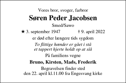 Dødsannoncen for Søren Peder Jacobsen - Gl.Hampen