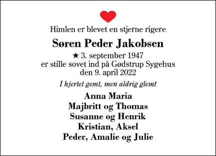 Dødsannoncen for Søren Peder Jakobsen - Hampen