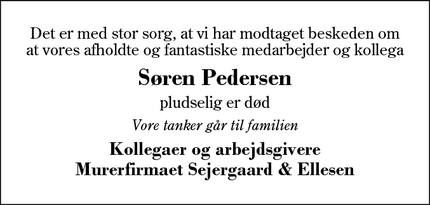 Dødsannoncen for Søren Pedersen - Vildbjerg
