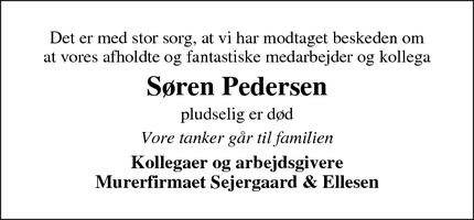 Dødsannoncen for Søren Pedersen - Vildbjerg