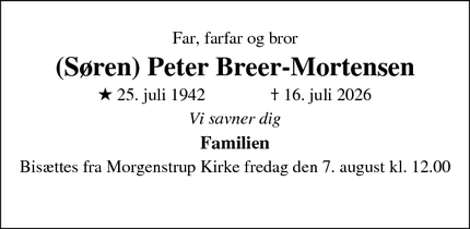 Dødsannoncen for (S&oslash;ren) Peter Breer-Mortensen - Næstved