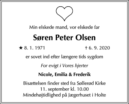 Dødsannoncen for Søren Peter Olsen - Holte