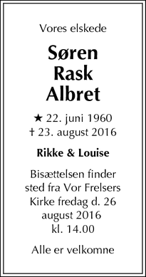 Dødsannoncen for Søren Rask Albret - Frederiksberg