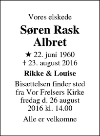 Dødsannoncen for Søren Rask Albret - Frederiksberg