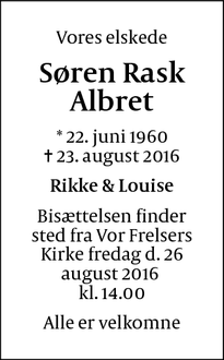 Dødsannoncen for Søren Rask Albret - Frederiksberg