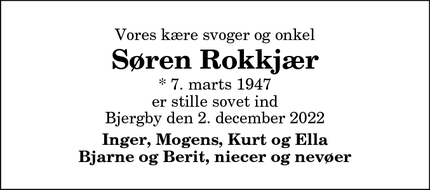 Dødsannoncen for Søren Rokkjær - Bjergby, Hjørring