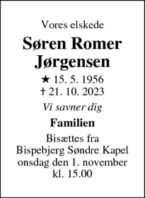 Dødsannoncen for Søren Romer
Jørgensen - København 