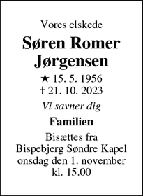 Dødsannoncen for Søren Romer
Jørgensen - København 