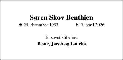 Dødsannoncen for S&oslash;ren Skov Benthien - Gentofte 