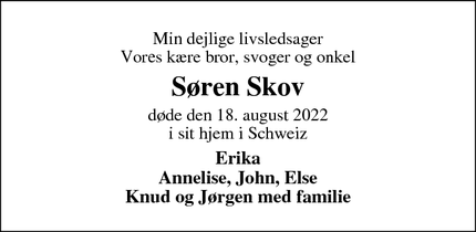 Dødsannoncen for Søren Skov - Sempak Schweitz