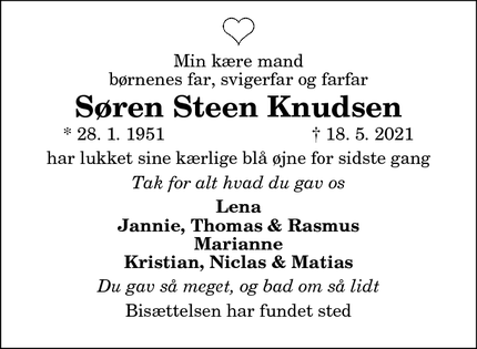 Dødsannoncen for Søren Steen Knudsen - Aabenraa