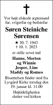 Dødsannoncen for Søren Steiniche
Sørensen - Skelhøje