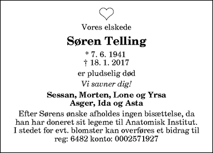 Dødsannoncen for Søren Telling - Vesløs