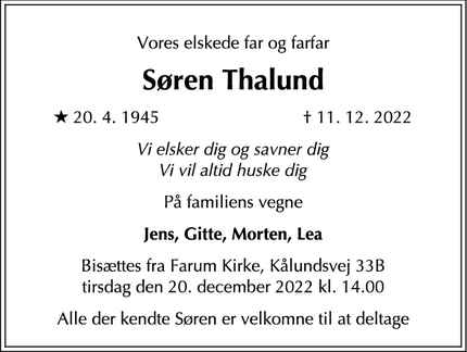 Dødsannoncen for Søren Thalund - Farum