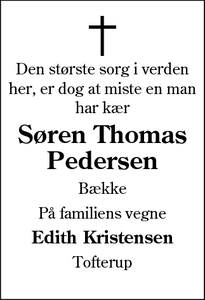 Dødsannoncen for Søren Thomas
Pedersen - Bække