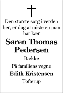 Dødsannoncen for Søren Thomas
Pedersen - Bække