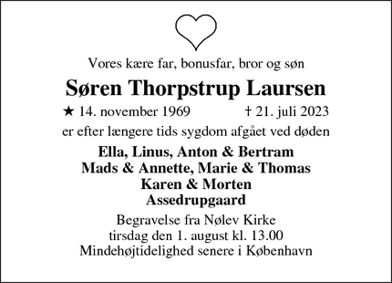 Dødsannoncen for Søren Thorpstrup Laursen - Odder