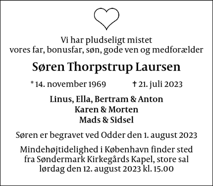 Dødsannoncen for Søren Thorpstrup Laursen - Valby