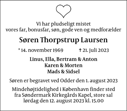 Dødsannoncen for Søren Thorpstrup Laursen - Valby