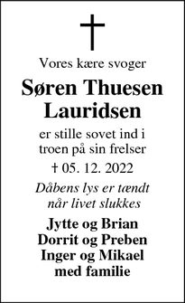 Dødsannoncen for Søren Thuesen
Lauridsen - Hvide Sande