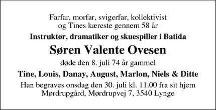 Dødsannoncen for Søren Valente Ovesen - Lynge