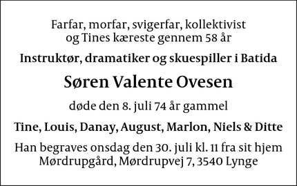 Dødsannoncen for Søren Valente Ovesen - Lynge