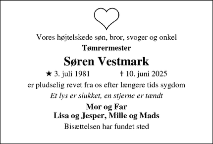 Dødsannoncen for Søren Vestmark - Flauenskjold