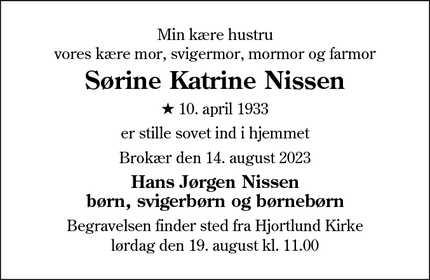 Dødsannoncen for Sørine Katrine Nissen - Brokær