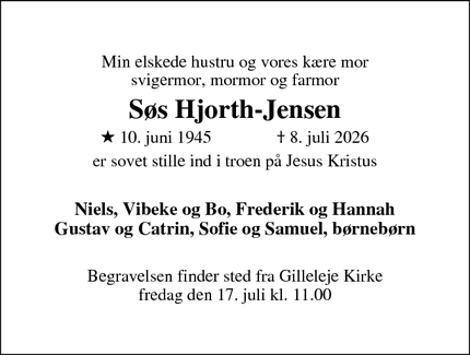 Dødsannoncen for S&oslash;s Hjorth-Jensen - Gilleleje