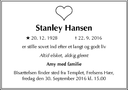 Dødsannoncen for Stanley Hansen - Gentofte
