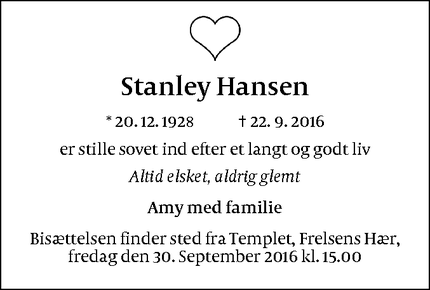 Dødsannoncen for Stanley Hansen - Gentofte