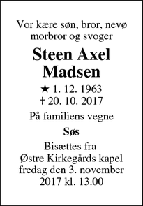 Dødsannoncen for Steen Axel Madsen - Roskilde