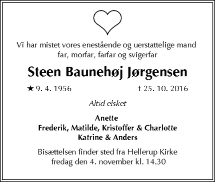 Dødsannoncen for Steen Baunehøj Jørgensen - Lyngby