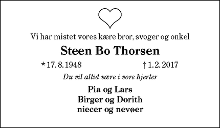 Dødsannoncen for Steen Bo Thorsen - 6100 Haderslev