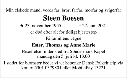 Dødsannoncen for Steen Boesen - Frederiksberg