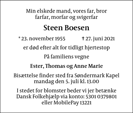 Dødsannoncen for Steen Boesen - Frederiksberg