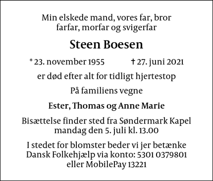 Dødsannoncen for Steen Boesen - Frederiksberg