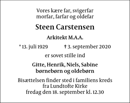 Dødsannoncen for Steen Carstensen - Kirke Hyllinge