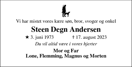 Dødsannoncen for Steen Degn Andersen - Lem