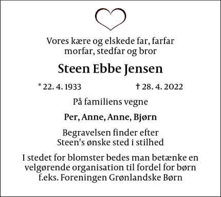 Dødsannoncen for Steen Ebbe Jensen - København