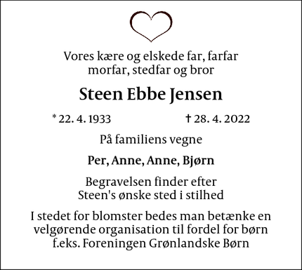 Dødsannoncen for Steen Ebbe Jensen - København