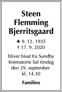Dødsannoncen for Steen Flemming Bjerritsgaard - Holte