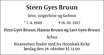 Dødsannoncen for Steen Gyes Bruun - Lyngby, Danmark