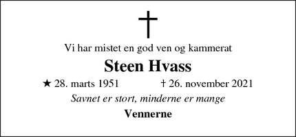 Dødsannoncen for Steen Hvass - Thorsø