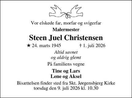 Dødsannoncen for Steen Juel Christensen - Roskilde 