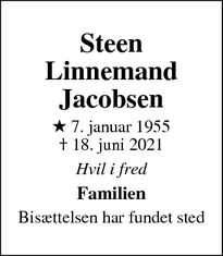 Dødsannoncen for Steen
Linnemand
Jacobsen - Nykøbing Sjælland