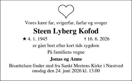 Dødsannoncen for Steen Lyberg Kofod - Rønne/Næstved
