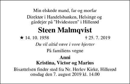 Dødsannoncen for Steen Malmqvist - Hillerød