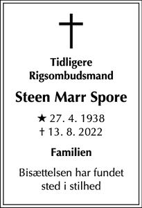 Dødsannoncen for Steen
Marr Spore - København K