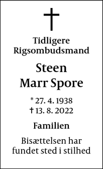 Dødsannoncen for Steen
Marr Spore - København K